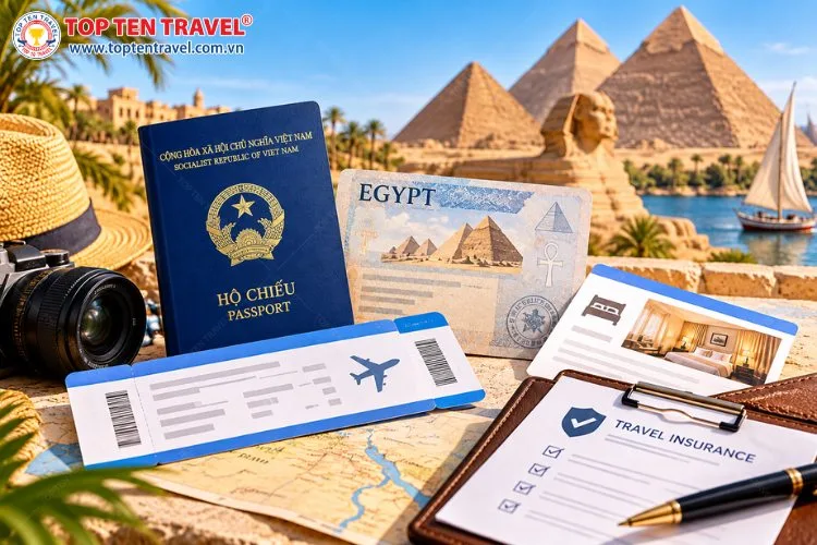 Những giấy tờ cần chuẩn bị khi du lịch Ai Cập gồm hộ chiếu, visa, vé máy bay và bảo hiểm