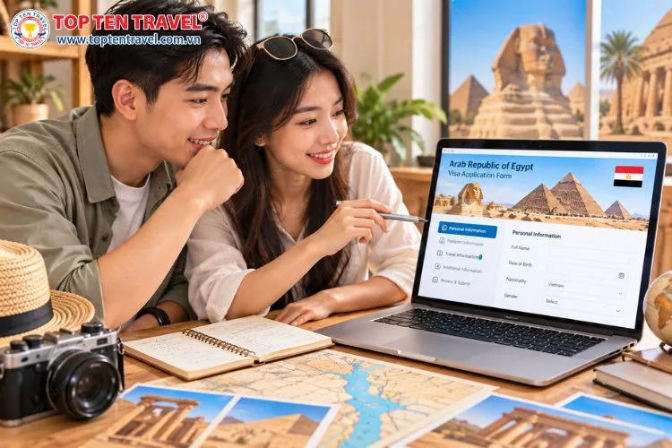 Du khách tìm hiểu và điền thông tin tờ khai xin visa Ai Cập trên máy tính