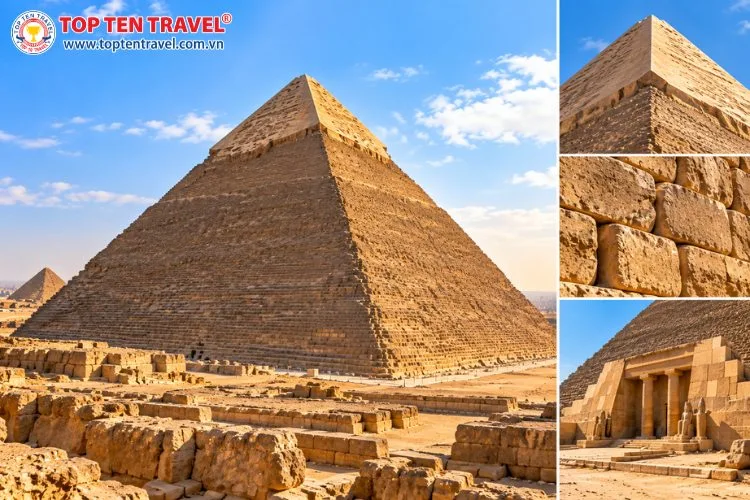 Kim tự tháp Khafre nổi bật với phần đá vôi ốp ngoài vẫn còn được bảo tồn gần đỉnh công trình.