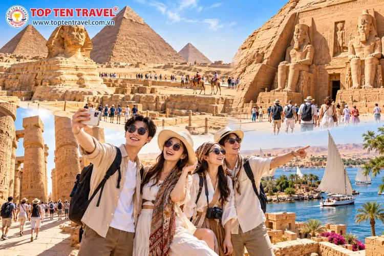 Nhóm bạn hào hứng check-in tại những địa điểm du lịch Ai Cập nổi tiếng