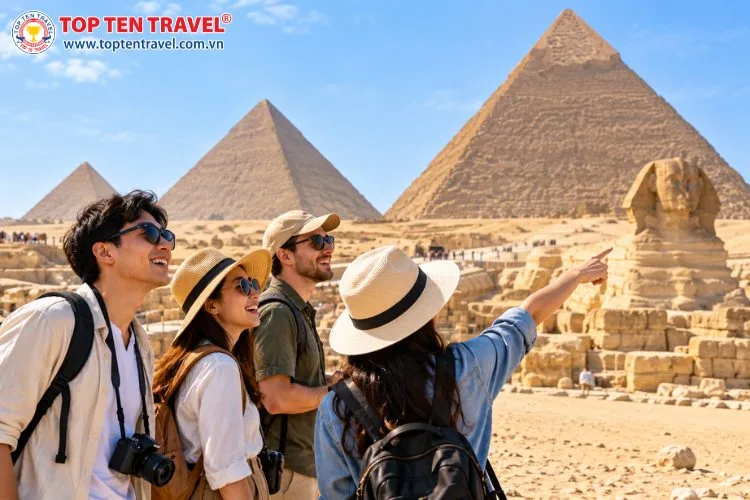 Khám phá quần thể kim tự tháp Giza cùng bạn bè là trải nghiệm đáng nhớ trong hành trình du lịch Ai Cập
