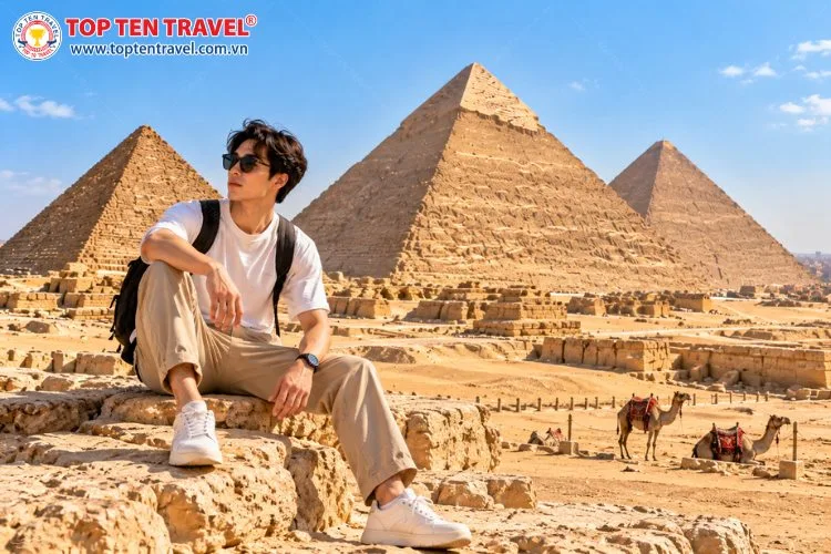 Áo thun trơn kết hợp quần chinos và giày sneaker tạo nên outfit năng động khi tham quan kim tự tháp