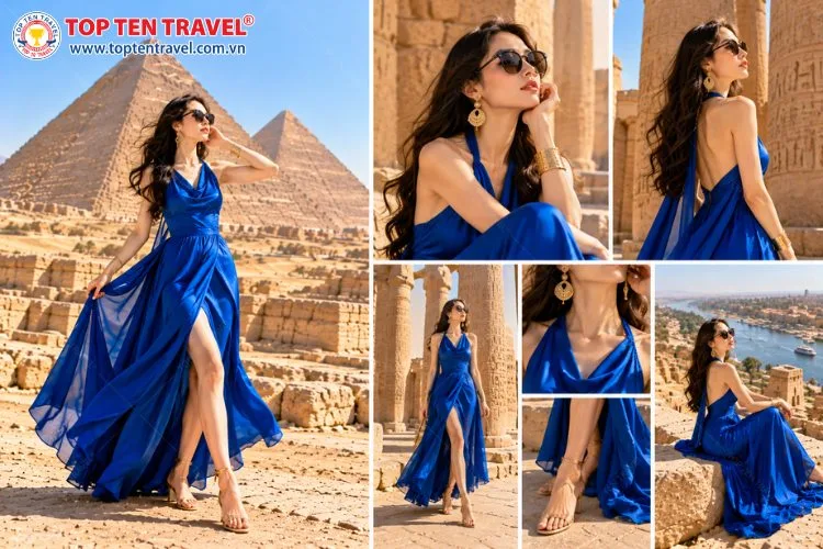 Đầm lụa xanh cobalt cùng trang sức ánh vàng tạo điểm nhấn sang trọng cho người mặc
