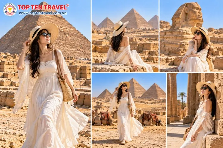 Váy maxi trắng, áo choàng mỏng và mũ rộng vành mang đến vẻ đẹp thanh lịch giữa khung cảnh kim tự tháp