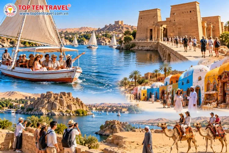 Du khách đến Aswan có thể du ngoạn sông Nile bằng thuyền Felucca, khám phá đền Philae và tìm hiểu văn hóa Nubian