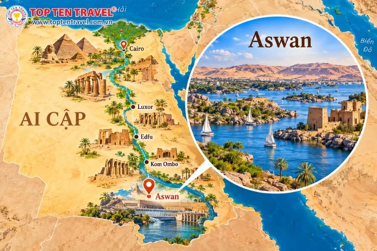 Vị trí thành phố Aswan ở miền Nam Ai Cập, bên dòng sông Nile huyền thoại.